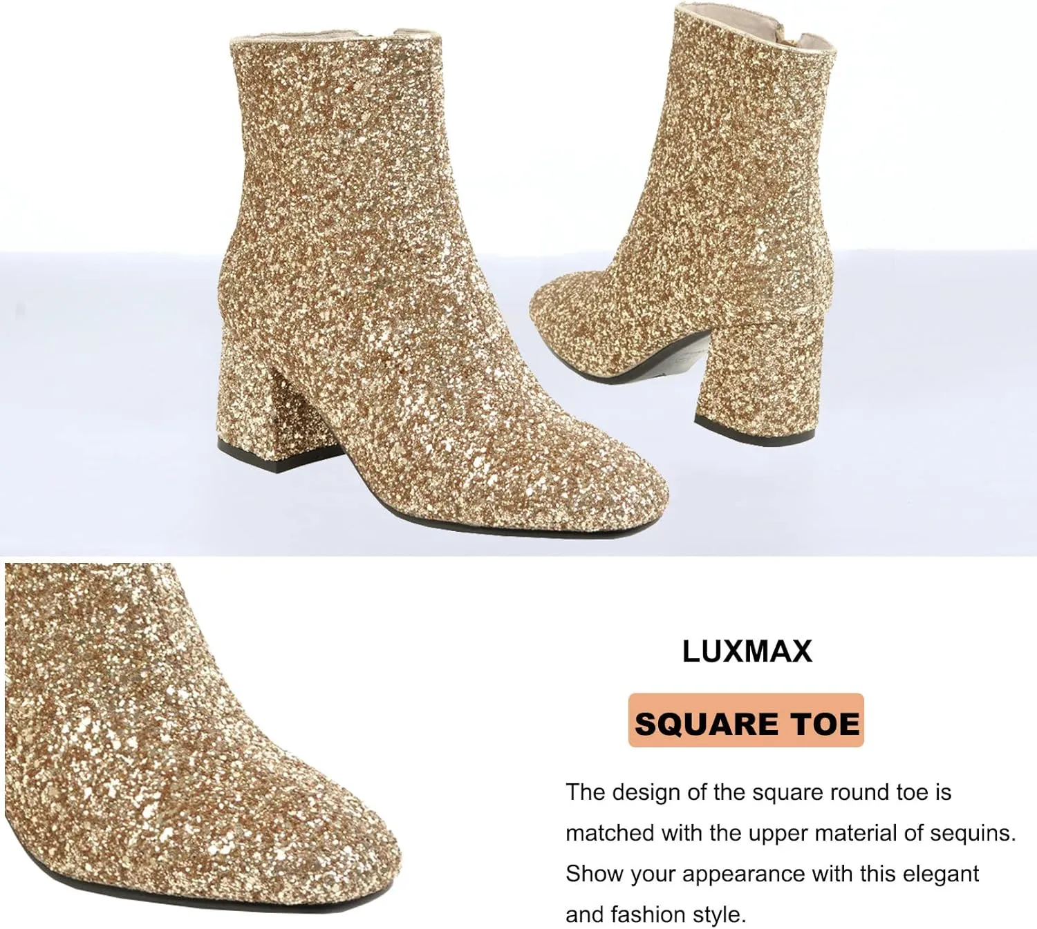 LUXMAX Women Glitter Ankle Boots Chunky Heel Square Closed Toe Sparkly Booties Block Heel Side Zip Winter Party Shoes