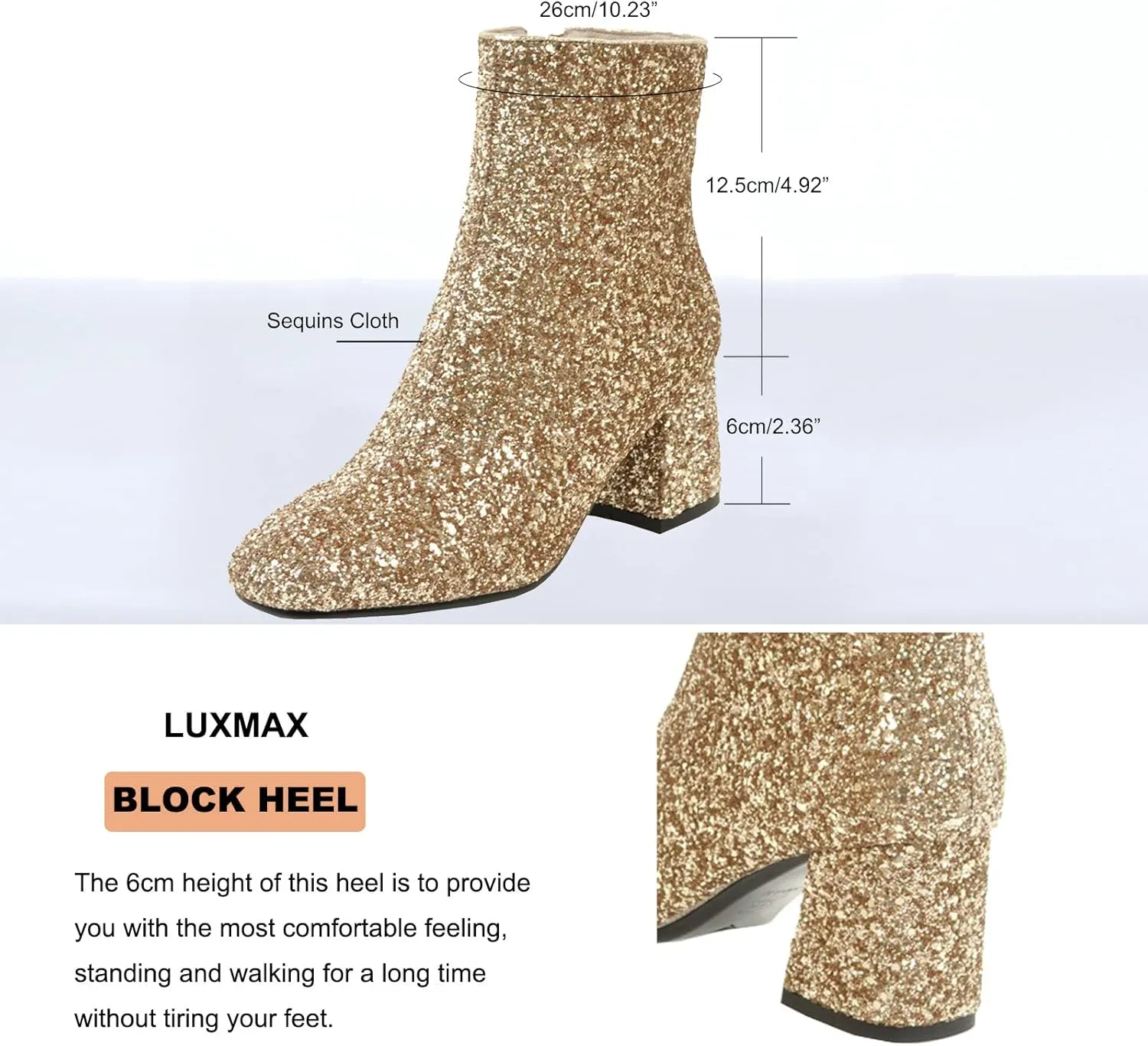 LUXMAX Women Glitter Ankle Boots Chunky Heel Square Closed Toe Sparkly Booties Block Heel Side Zip Winter Party Shoes