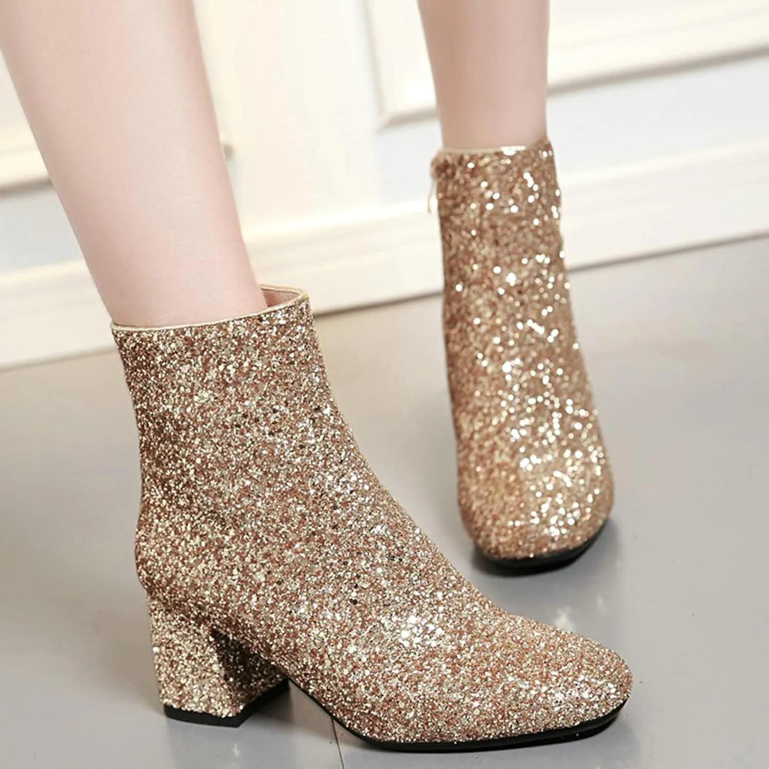 LUXMAX Women Glitter Ankle Boots Chunky Heel Square Closed Toe Sparkly Booties Block Heel Side Zip Winter Party Shoes