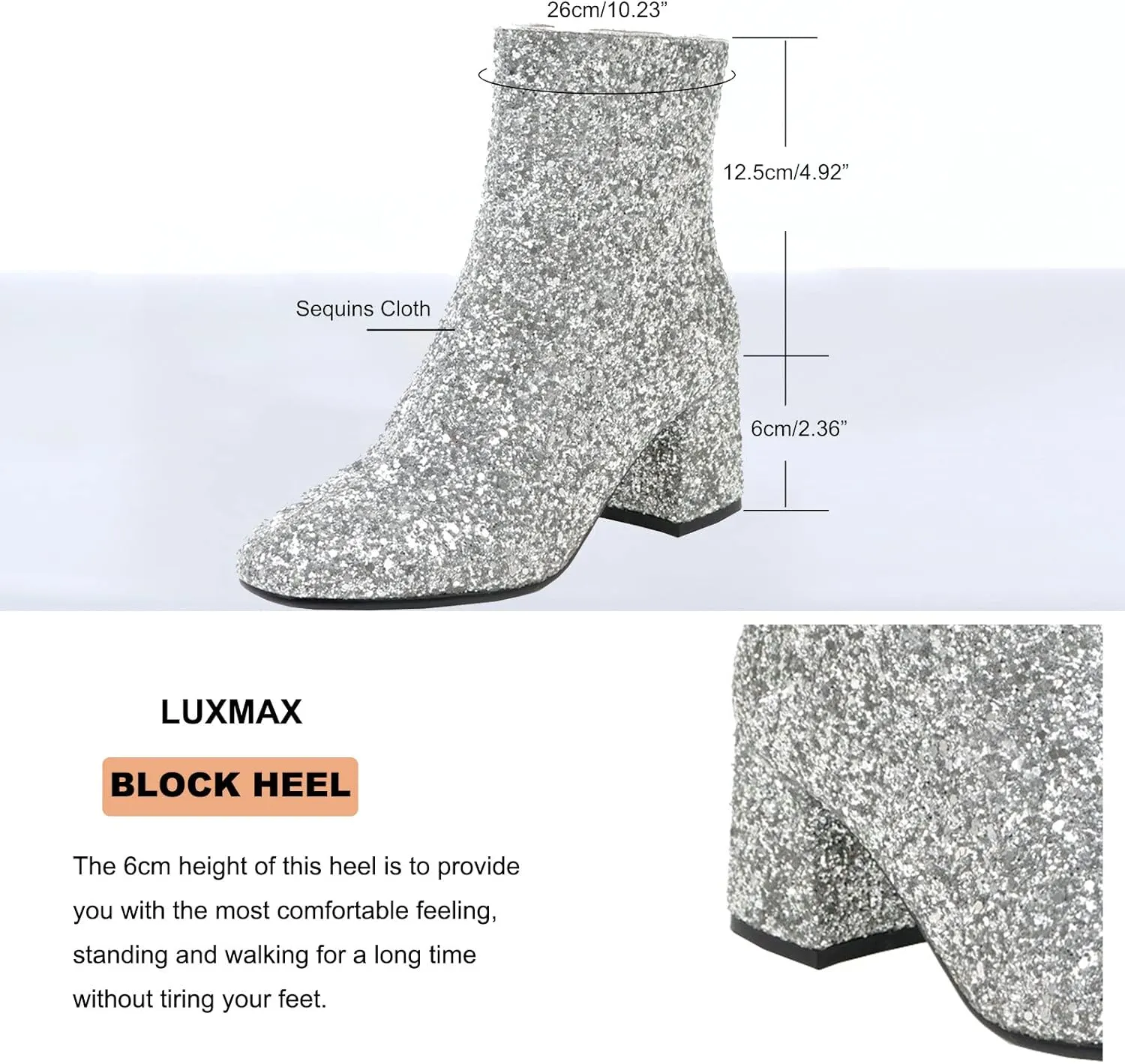 LUXMAX Women Glitter Ankle Boots Chunky Heel Square Closed Toe Sparkly Booties Block Heel Side Zip Winter Party Shoes
