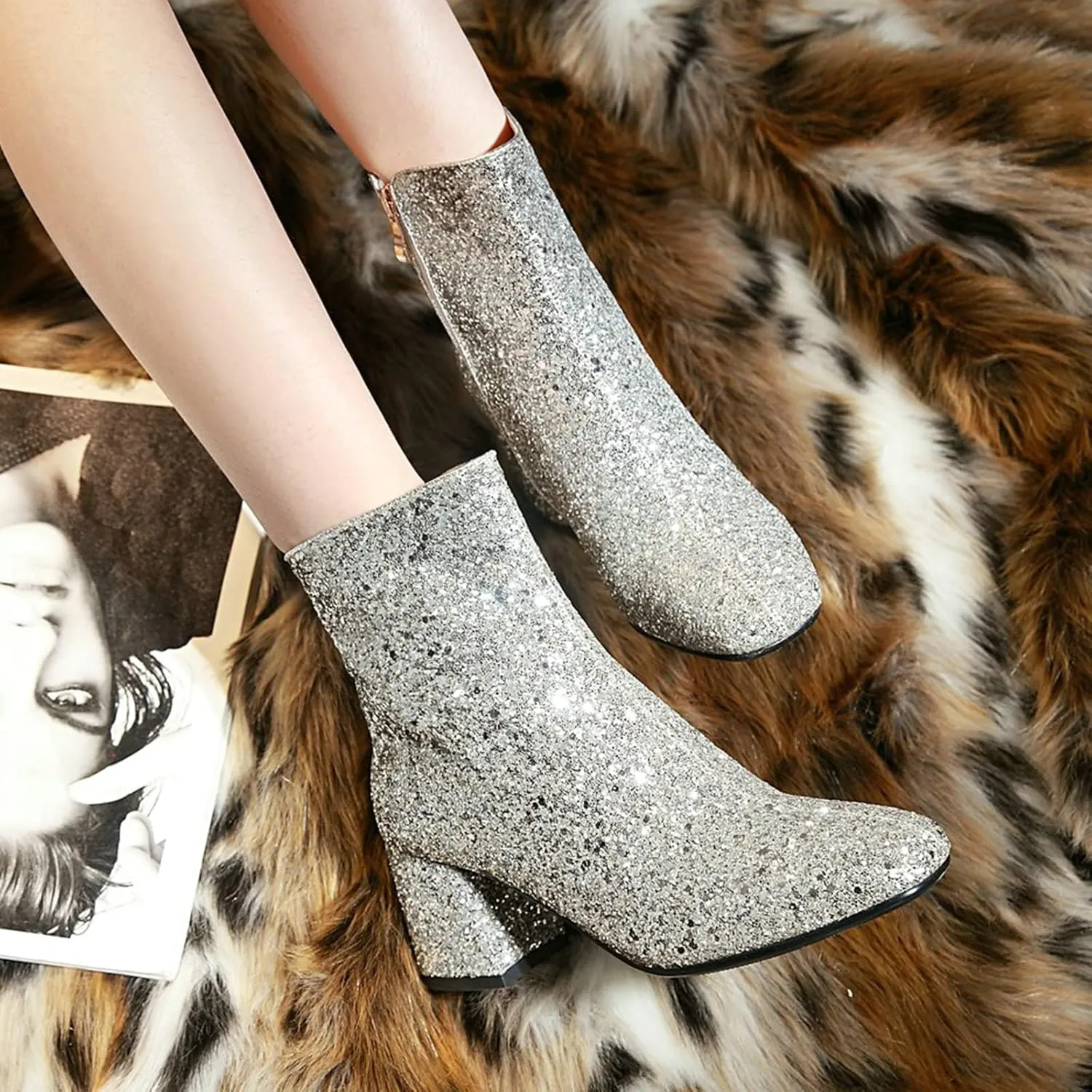 LUXMAX Women Glitter Ankle Boots Chunky Heel Square Closed Toe Sparkly Booties Block Heel Side Zip Winter Party Shoes