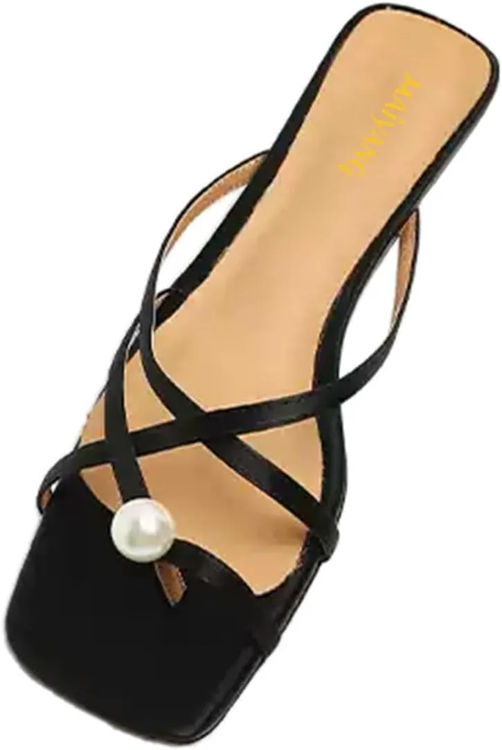 Maiyang Women Pearl Open Split Toe Satin Mules Slip on Block Low Heel Backless Slide Sandals Fashion Comfy Casual Slippers Size 4-16 US