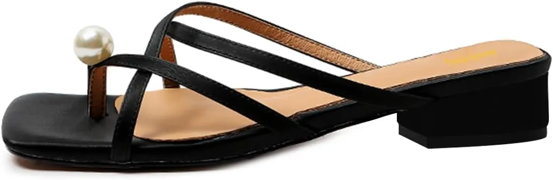 Maiyang Women Pearl Open Split Toe Satin Mules Slip on Block Low Heel Backless Slide Sandals Fashion Comfy Casual Slippers Size 4-16 US