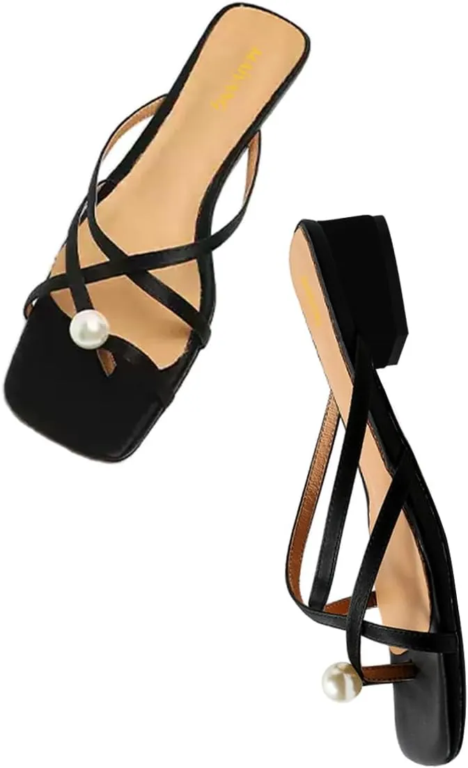 Maiyang Women Pearl Open Split Toe Satin Mules Slip on Block Low Heel Backless Slide Sandals Fashion Comfy Casual Slippers Size 4-16 US