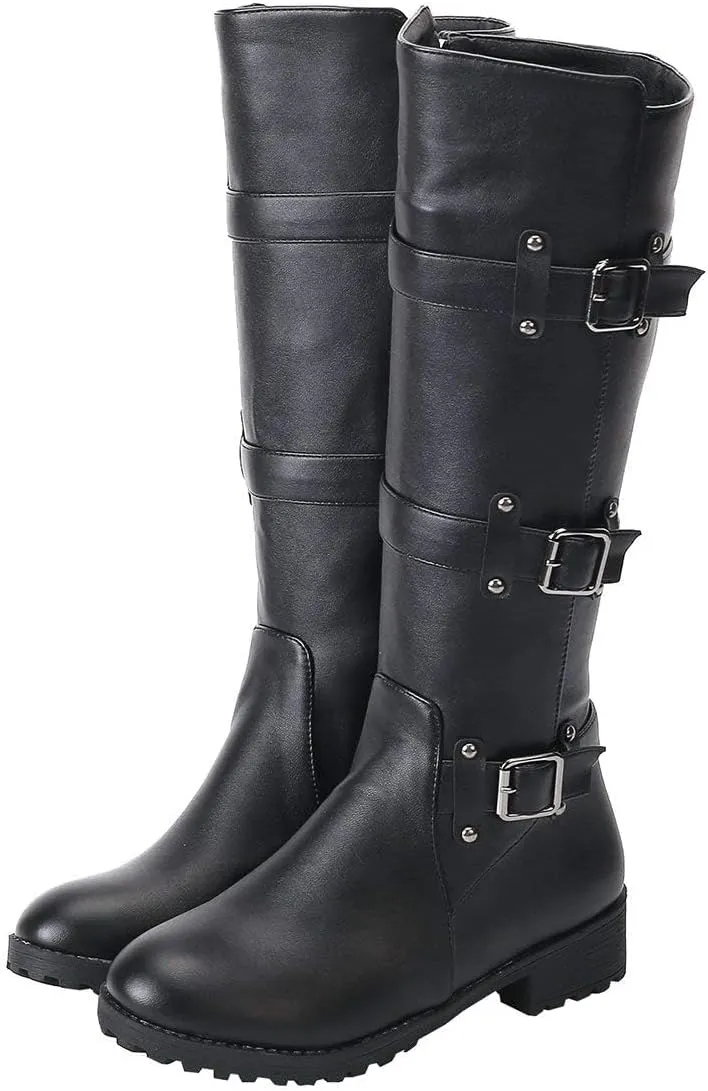 MAVMAX Women's Zip up Knee High Black Moto Boots Round Toe Motorcycle Boots Chunky Low Heel Biker Booties Buckle Long Riding Plus Size Wide Calf Boots Size 13