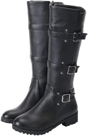 MAVMAX Women's Zip up Knee High Black Moto Boots Round Toe Motorcycle Boots Chunky Low Heel Biker Booties Buckle Long Riding Plus Size Wide Calf Boots Size 13