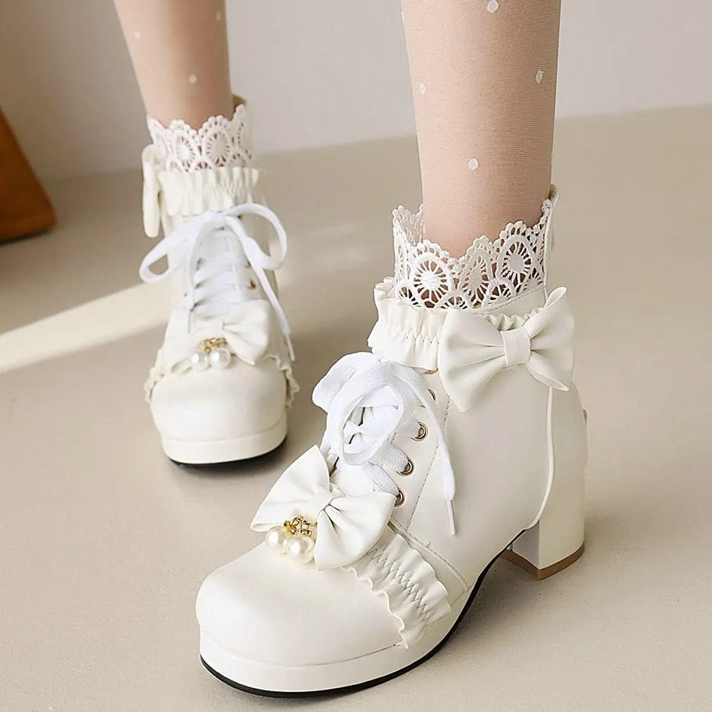 Meefit Women Platform Boots Lace Up Chunky Heel Ankle Boots with Bow Cosplay Winter Shoes