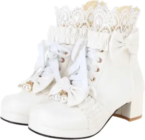 Meefit Women Platform Boots Lace Up Chunky Heel Ankle Boots with Bow Cosplay Winter Shoes