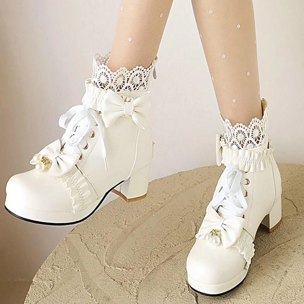 Meefit Women Platform Boots Lace Up Chunky Heel Ankle Boots with Bow Cosplay Winter Shoes