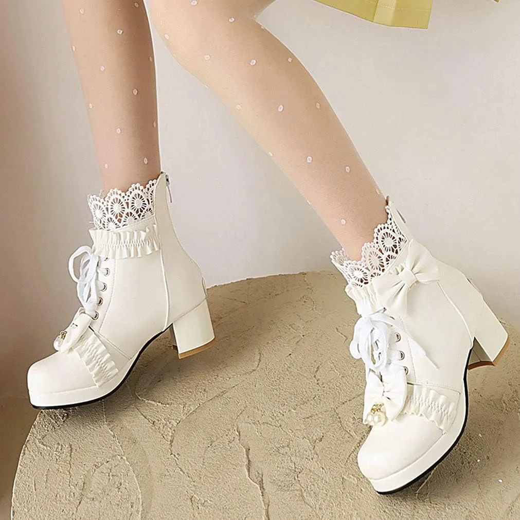 Meefit Women Platform Boots Lace Up Chunky Heel Ankle Boots with Bow Cosplay Winter Shoes