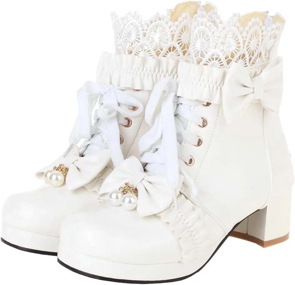 Meefit Women Platform Boots Lace Up Chunky Heel Ankle Boots with Bow Cosplay Winter Shoes