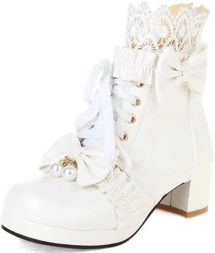 Meefit Women Platform Boots Lace Up Chunky Heel Ankle Boots with Bow Cosplay Winter Shoes