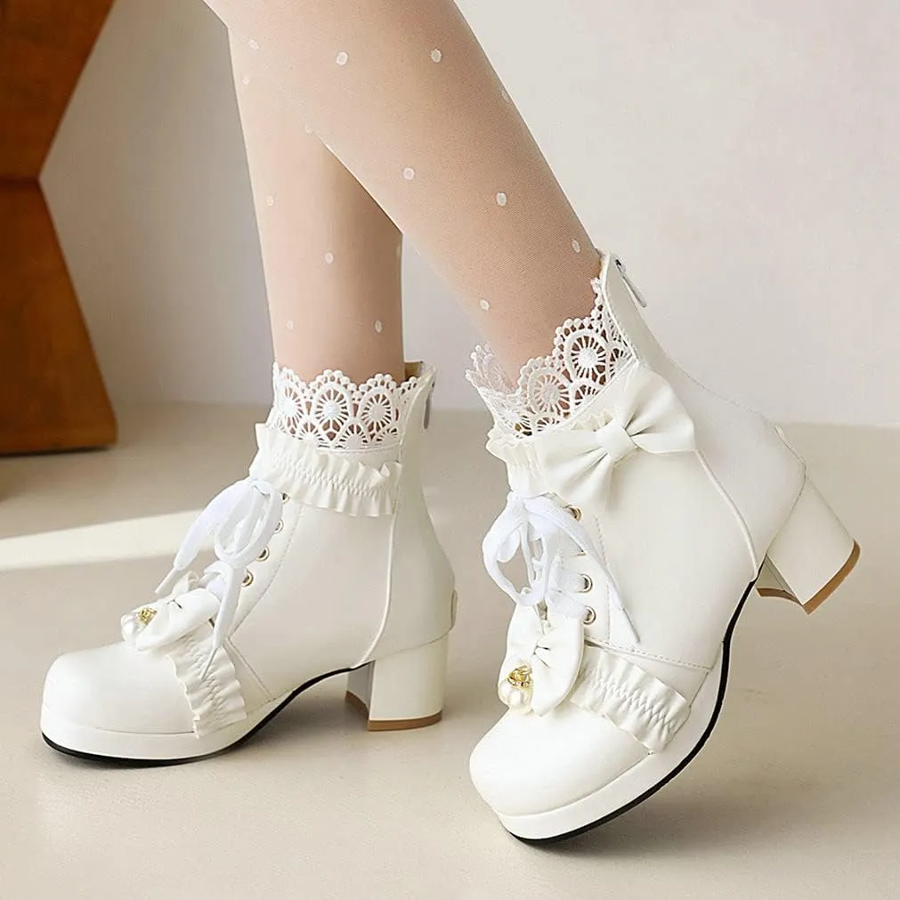 Meefit Women Platform Boots Lace Up Chunky Heel Ankle Boots with Bow Cosplay Winter Shoes