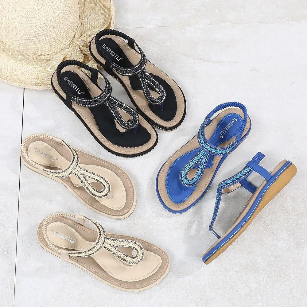Meeshine Women's Bohemia Flip Flops Summer Beach T-Strap Flat Sandals Comfort Walking Shoes