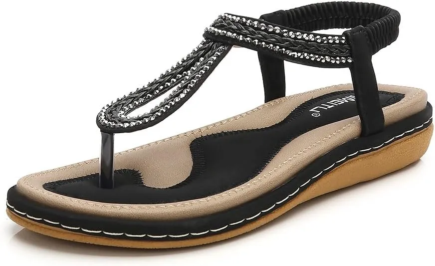 Meeshine Women's Bohemia Flip Flops Summer Beach T-Strap Flat Sandals Comfort Walking Shoes