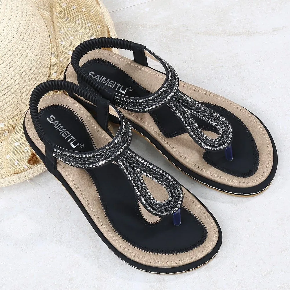 Meeshine Women's Bohemia Flip Flops Summer Beach T-Strap Flat Sandals Comfort Walking Shoes