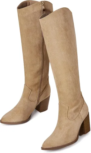 MeiLuSi Womens Knee High Boots Pointed Toe Suede Boots Chunky Heel Faux Slouchy Shoes Tall Fall 2025 Side Zipper