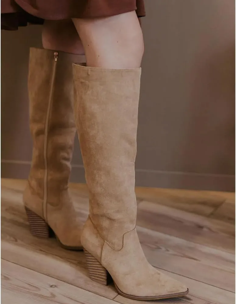 MeiLuSi Womens Knee High Boots Pointed Toe Suede Boots Chunky Heel Faux Slouchy Shoes Tall Fall 2025 Side Zipper
