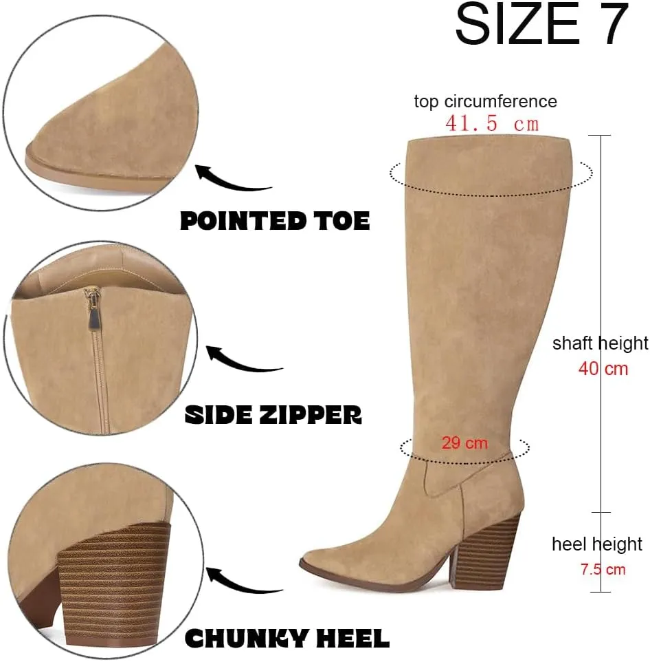MeiLuSi Womens Knee High Boots Pointed Toe Suede Boots Chunky Heel Faux Slouchy Shoes Tall Fall 2025 Side Zipper