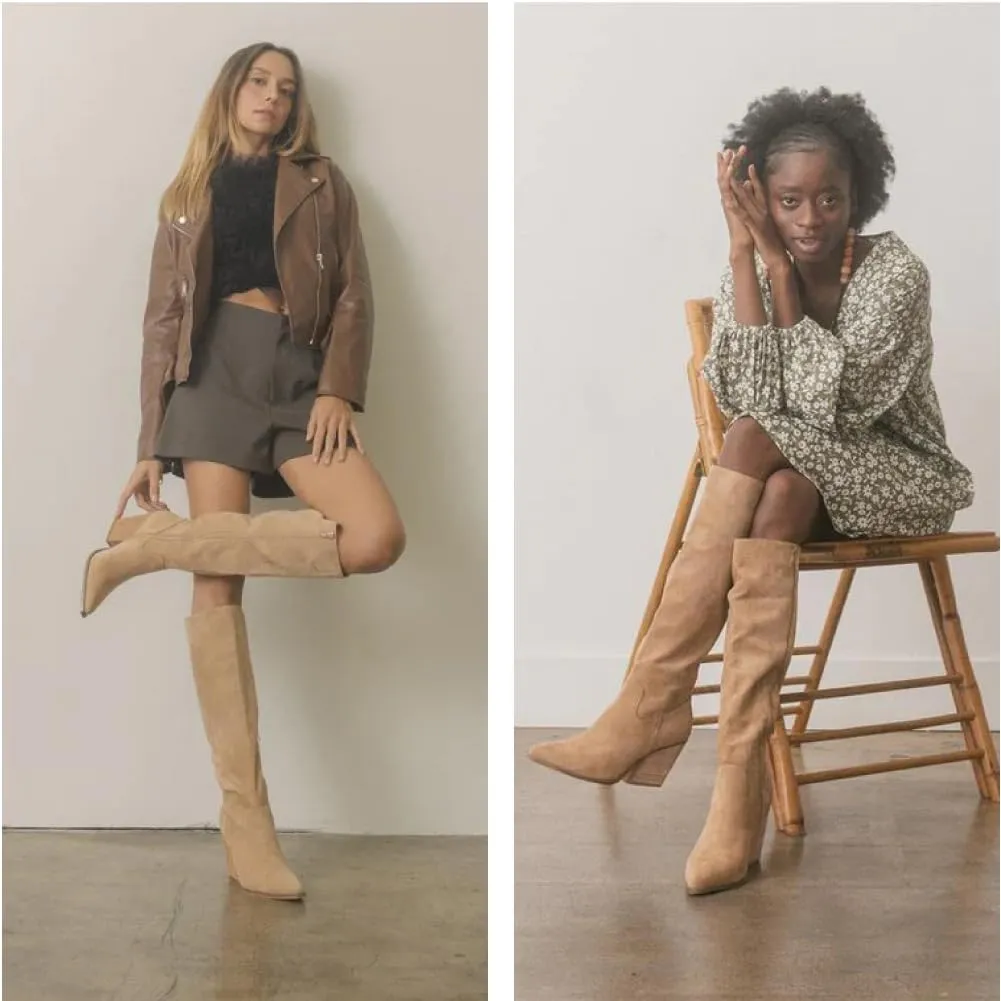 MeiLuSi Womens Knee High Boots Pointed Toe Suede Boots Chunky Heel Faux Slouchy Shoes Tall Fall 2025 Side Zipper
