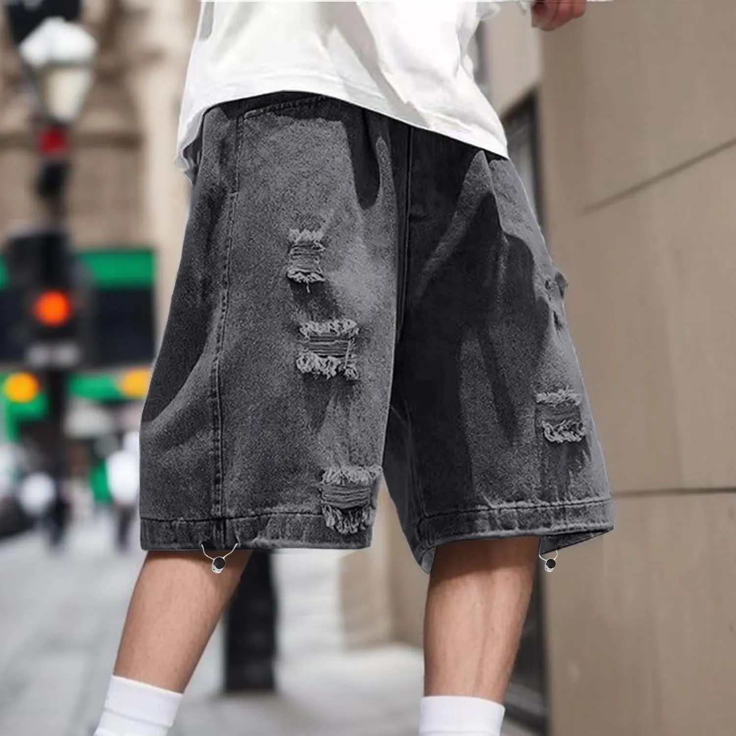 Men Baggy Jean Shorts Loose Fit Mid Denim Shorts Casual Summer Y2K Grunge Streetwear