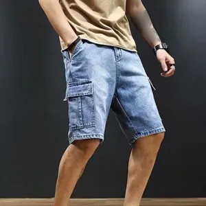 Men's 3/4 Cargo Biker Jean Shorts Vintage Distressed Denim Shorts Casual Multi-Pocket Short Pants