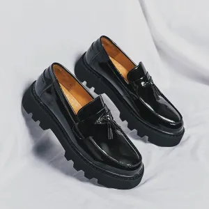 Men's Black Soft Patent Leather Platform Chunky Heel Loafers Fashion Tassel Business Casual Formal Work Shoes Non-Slip Lug Sole Slip-On Penny Loafers