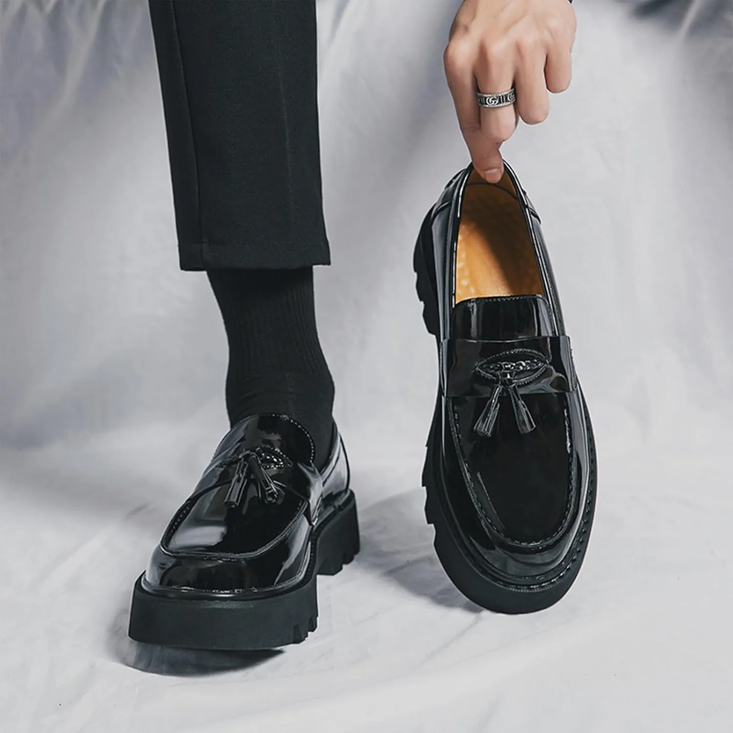 Men's Black Soft Patent Leather Platform Chunky Heel Loafers Fashion Tassel Business Casual Formal Work Shoes Non-Slip Lug Sole Slip-On Penny Loafers