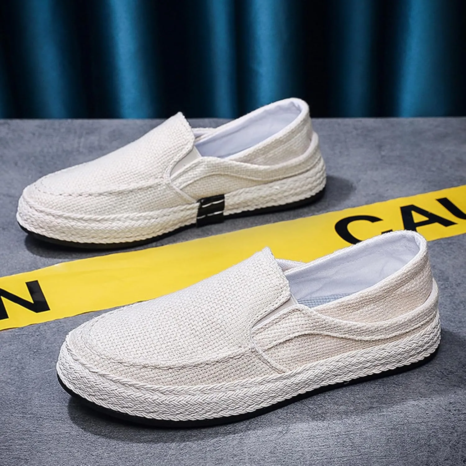 Men's Canvas Linen Comfortable Loafers Lightweight Breathable Non-Slip Slip On Round Toe Casual Flat Espadrilles for Walking Driving
