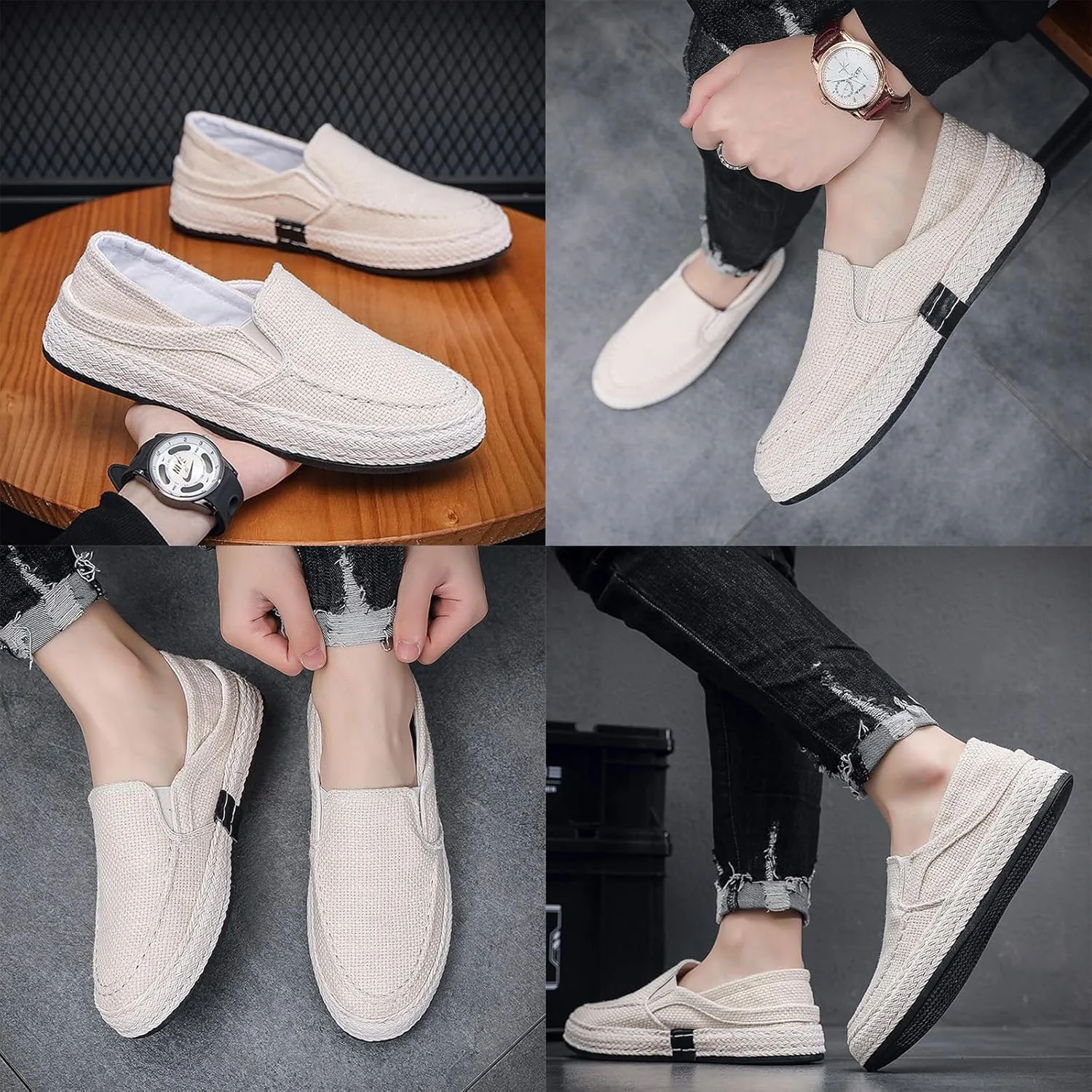Men's Canvas Linen Comfortable Loafers Lightweight Breathable Non-Slip Slip On Round Toe Casual Flat Espadrilles for Walking Driving