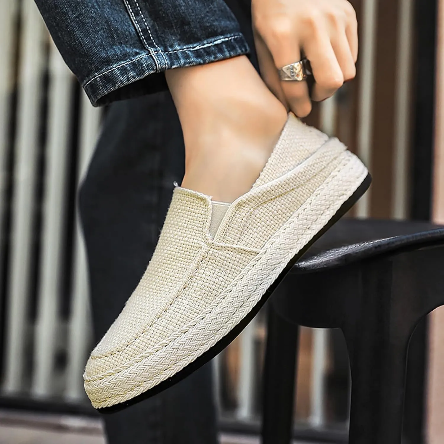 Men's Canvas Slip-on Espadrilles Loafers,Fashion Breathable Hand Stitching Linen Indoor Outdoor Non-Slip Comfortable Flat, Fisherman Casual Walking Sneakers Moccasins Boat Shoes