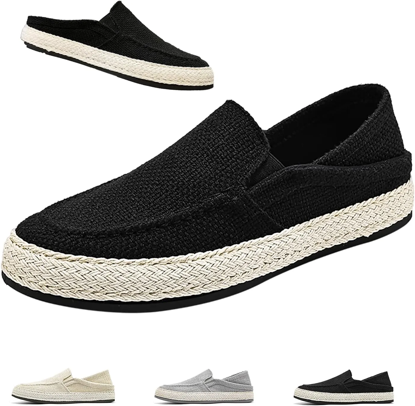 Men's Canvas Slip-on Espadrilles Loafers,Fashion Breathable Hand Stitching Linen Indoor Outdoor Non-Slip Comfortable Flat, Fisherman Casual Walking Sneakers Moccasins Boat Shoes