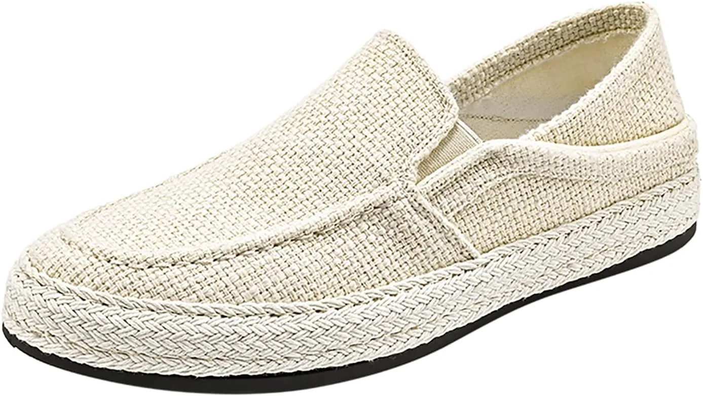 Men's Canvas Slip-on Espadrilles Loafers,Fashion Breathable Hand Stitching Linen Indoor Outdoor Non-Slip Comfortable Flat, Fisherman Casual Walking Sneakers Moccasins Boat Shoes