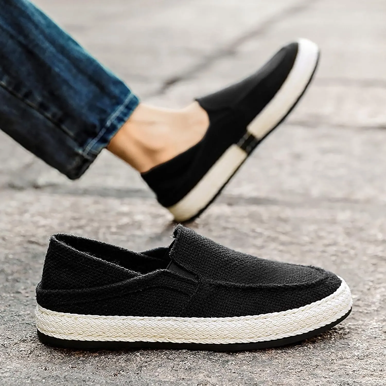 Men's Canvas Slip-on Espadrilles Loafers,Fashion Breathable Hand Stitching Linen Indoor Outdoor Non-Slip Comfortable Flat, Fisherman Casual Walking Sneakers Moccasins Boat Shoes
