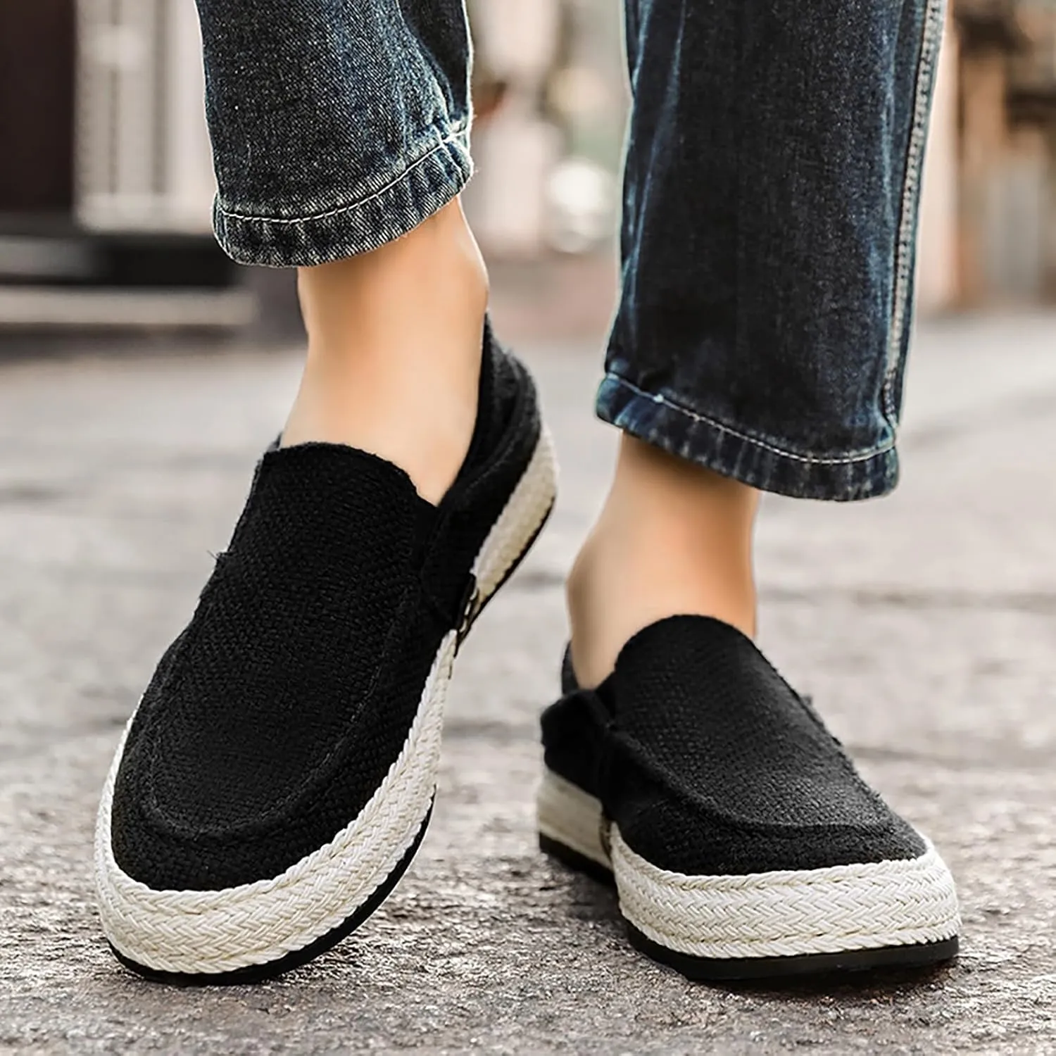 Men's Canvas Slip-on Espadrilles Loafers,Fashion Breathable Hand Stitching Linen Indoor Outdoor Non-Slip Comfortable Flat, Fisherman Casual Walking Sneakers Moccasins Boat Shoes