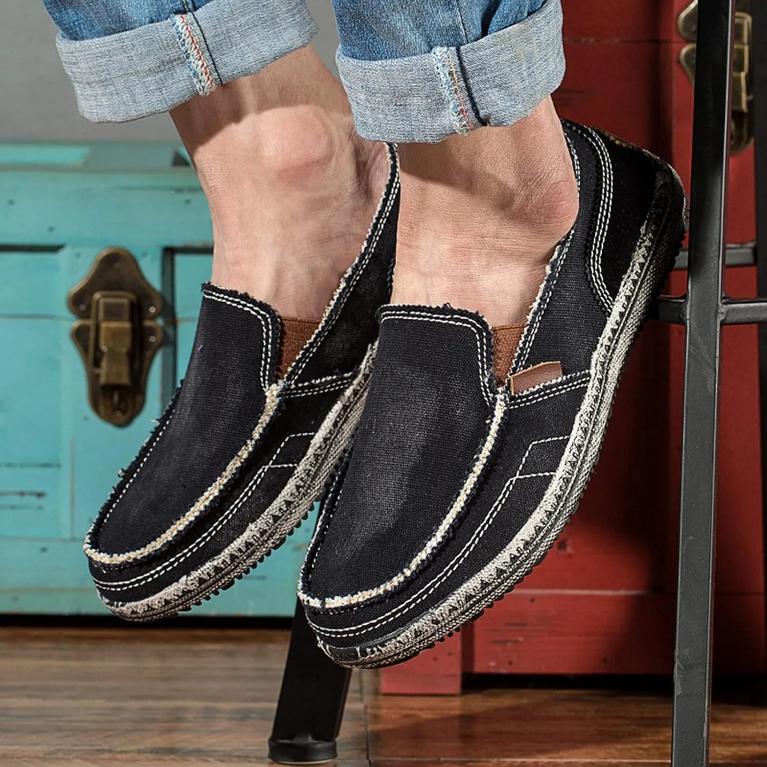 Men's Canvas Slip on Loafers Lightweight Breathable Cloth Shoes Vintage Boat Shoes Casual Flat Loafer Outdoor Walking Sneakers
