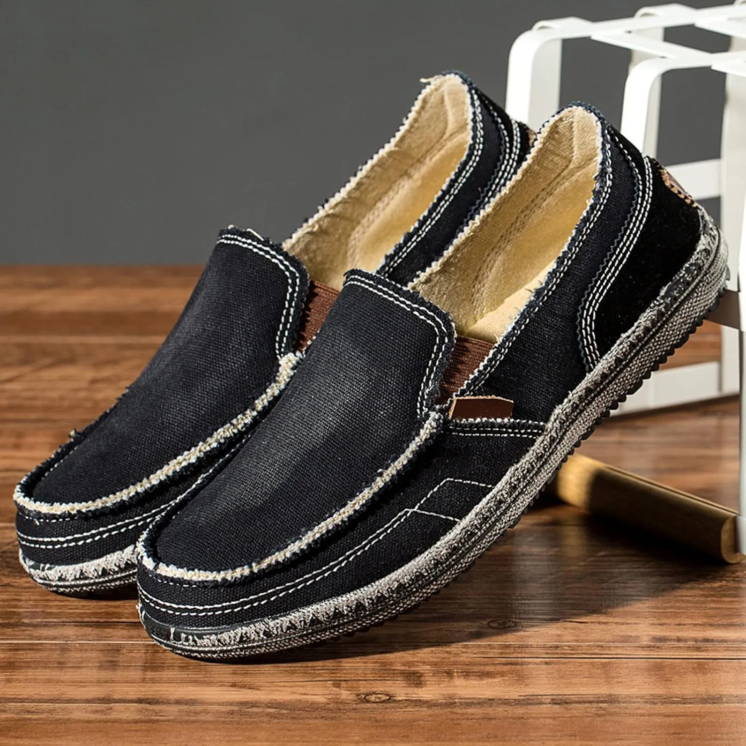 Men's Canvas Slip on Loafers Lightweight Breathable Cloth Shoes Vintage Boat Shoes Casual Flat Loafer Outdoor Walking Sneakers