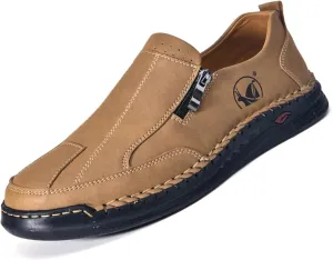 Men's Casual Slip On Leather Loafers Lightweight Hand-Sewn Moccasin Driving Shoes Comfortable Walking Side Zipper Non-Slip Dress Shoes