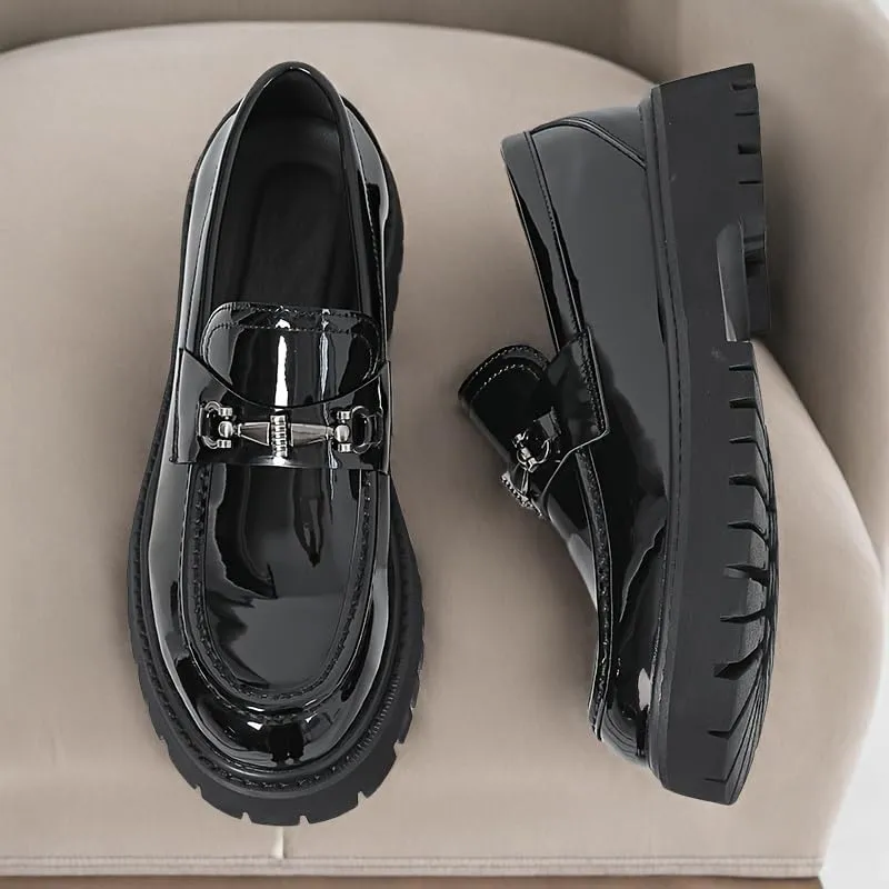 Men's Classic Loafers - All-Season Solid Color Slip-On Dress Shoes with Faux Upper, Round Toe, Rubber Sole for Daily, Party, Wedding - Casual Korean Style Thick Sole Glossy Footwear