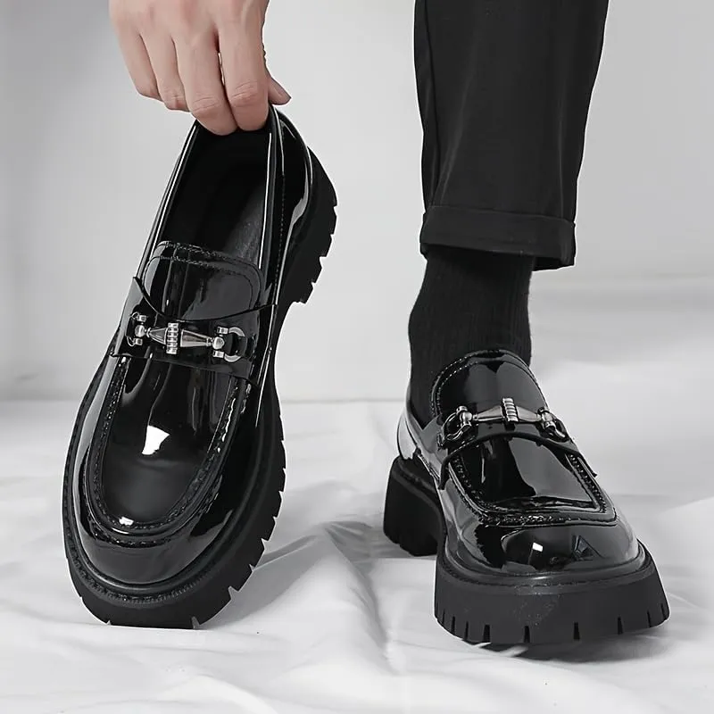 Men's Classic Loafers - All-Season Solid Color Slip-On Dress Shoes with Faux Upper, Round Toe, Rubber Sole for Daily, Party, Wedding - Casual Korean Style Thick Sole Glossy Footwear