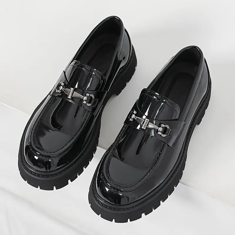Men's Classic Loafers - All-Season Solid Color Slip-On Dress Shoes with Faux Upper, Round Toe, Rubber Sole for Daily, Party, Wedding - Casual Korean Style Thick Sole Glossy Footwear