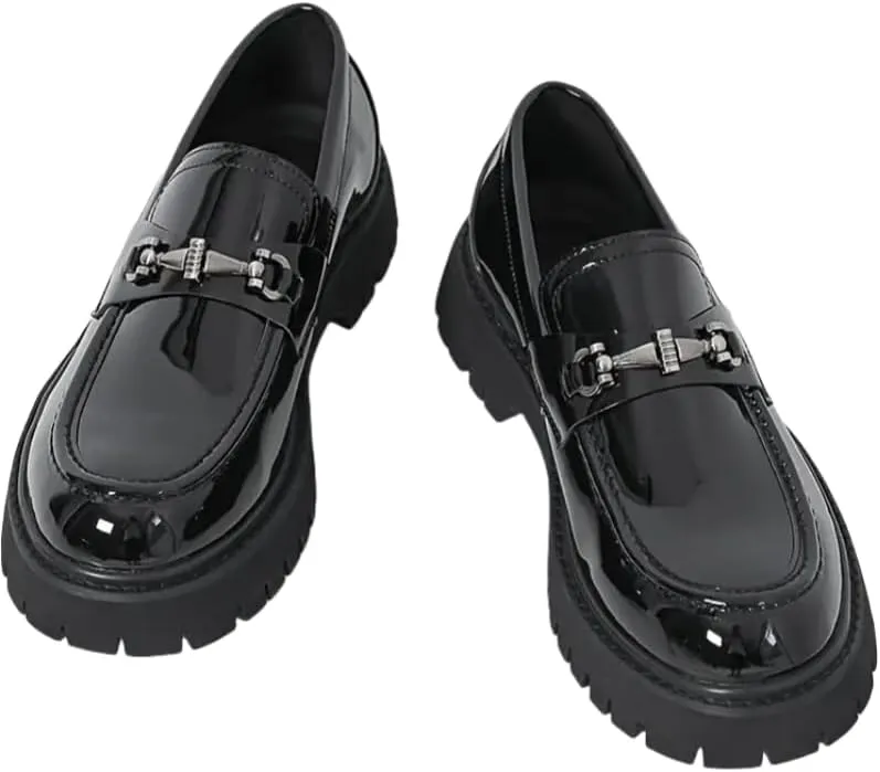 Men's Classic Loafers - All-Season Solid Color Slip-On Dress Shoes with Faux Upper, Round Toe, Rubber Sole for Daily, Party, Wedding - Casual Korean Style Thick Sole Glossy Footwear