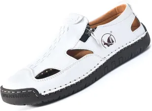 Men's Closed-Toe Leather Fisherman Sandals Slip-On | Breathable Comfortable Casual Moccasin Loafers for Summer Outdoor Driving & Walking | Side Zipper Hand-Sewn
