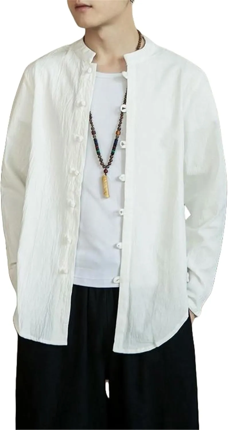 Men's Clothing Linen Frog Button Tang Suit Long Sleeve Shirt Chinese Style Cotton Linen
