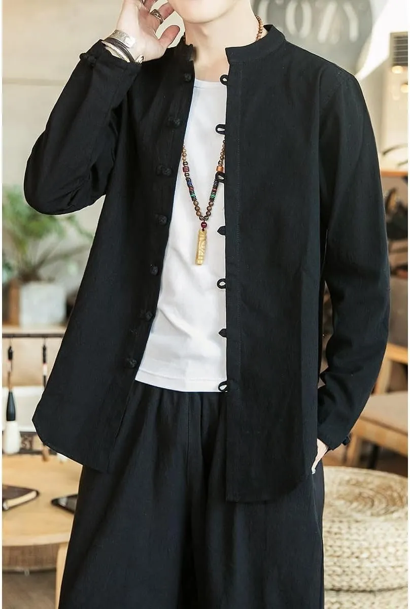 Men's Clothing Linen Frog Button Tang Suit Long Sleeve Shirt Chinese Style Cotton Linen