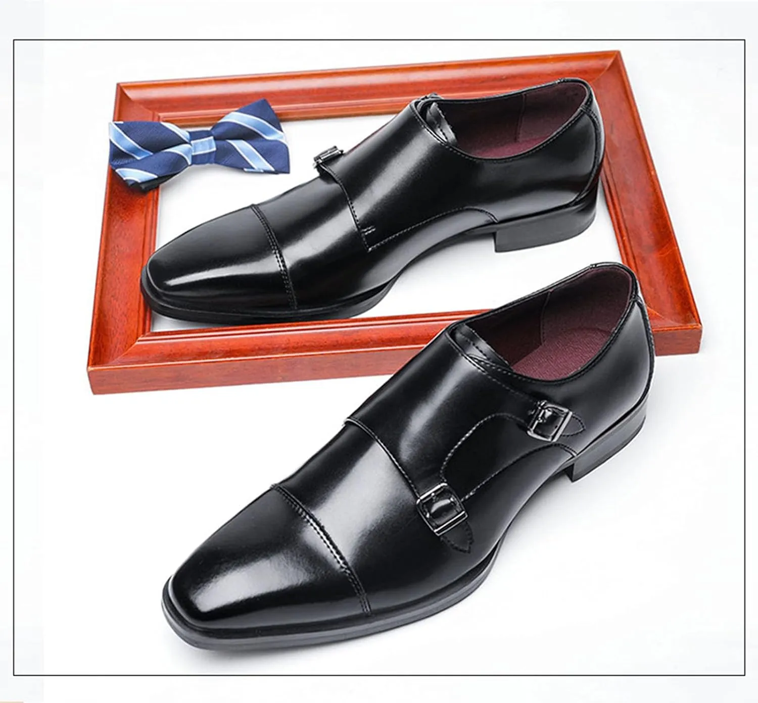 Men's Double Monk Mouth Cap Toe Formal Business Loafers Casual Comfort Leather Pull-On Formal Dress Shoes