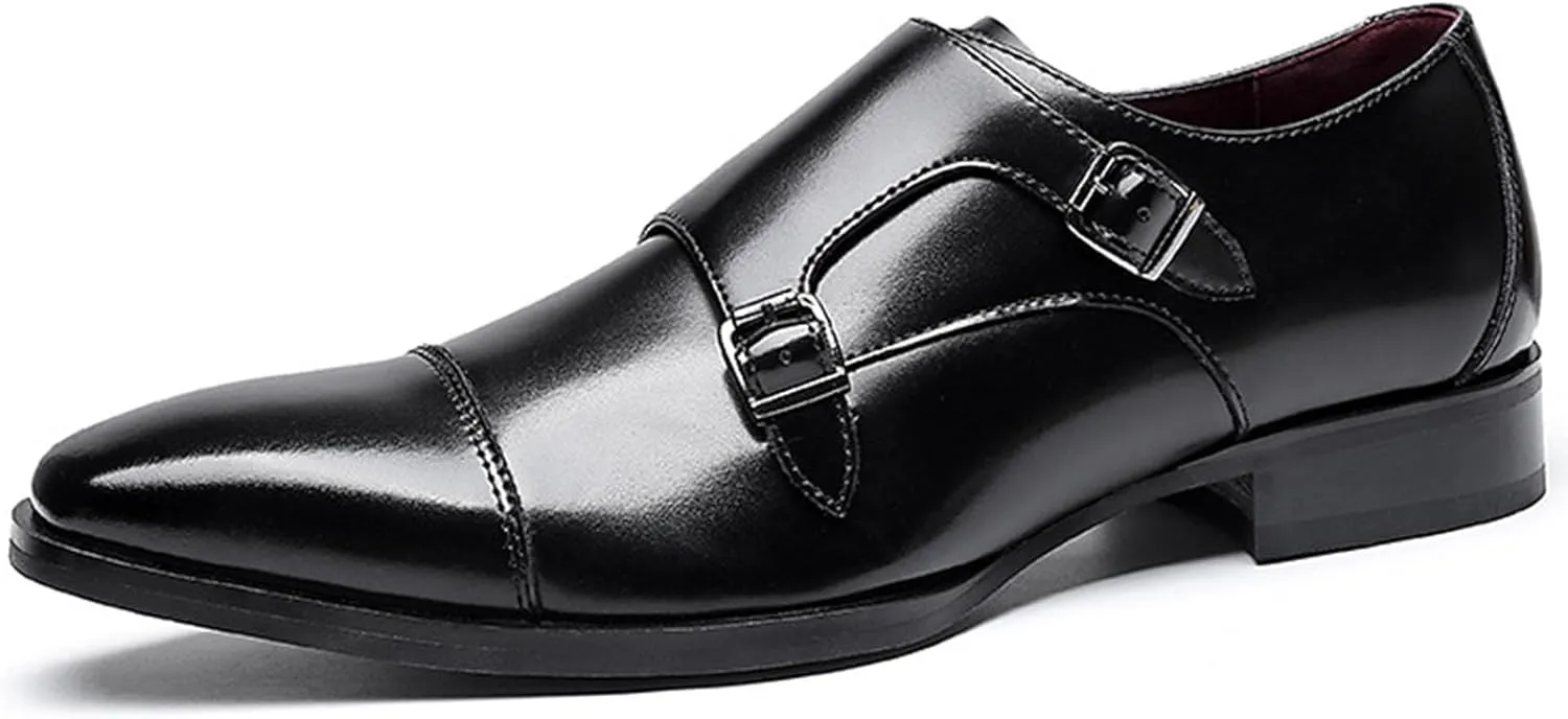 Men's Double Monk Mouth Cap Toe Formal Business Loafers Casual Comfort Leather Pull-On Formal Dress Shoes