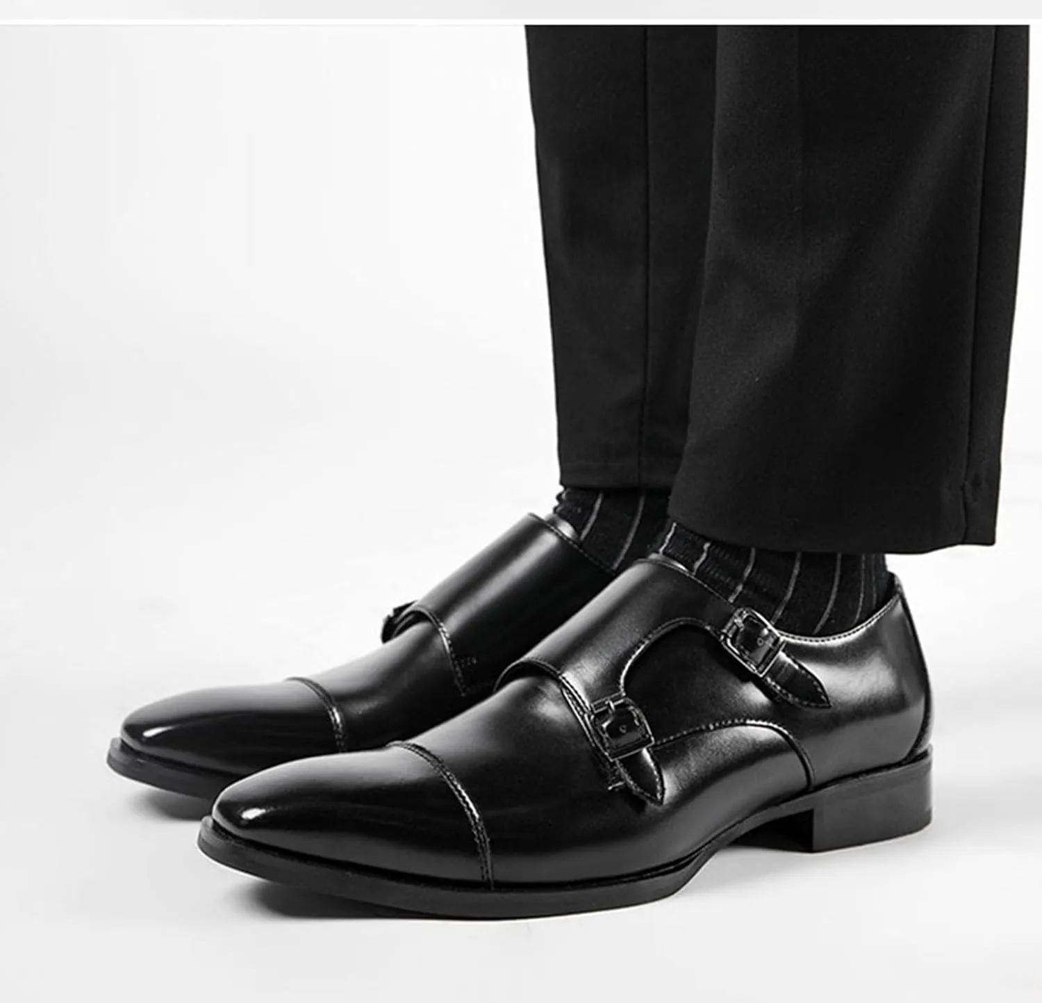 Men's Double Monk Mouth Cap Toe Formal Business Loafers Casual Comfort Leather Pull-On Formal Dress Shoes