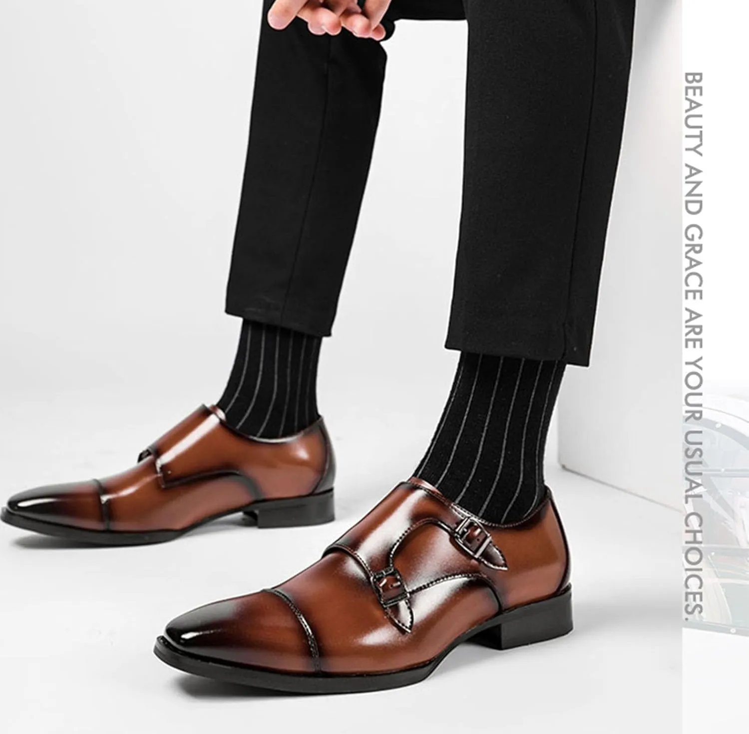 Men's Double Monk Mouth Cap Toe Formal Business Loafers Casual Comfort Leather Pull-On Formal Dress Shoes