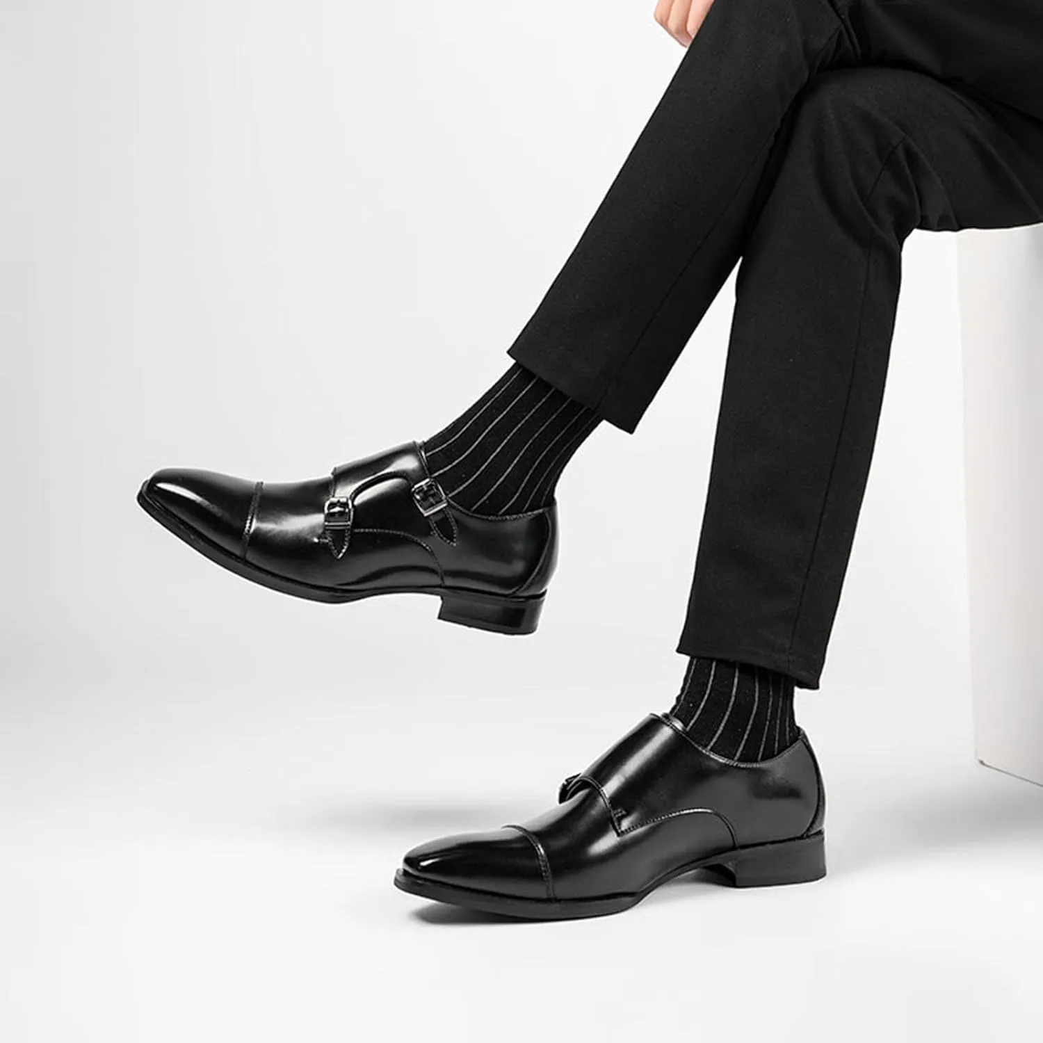 Men's Double Monk Mouth Cap Toe Formal Business Loafers Casual Comfort Leather Pull-On Formal Dress Shoes
